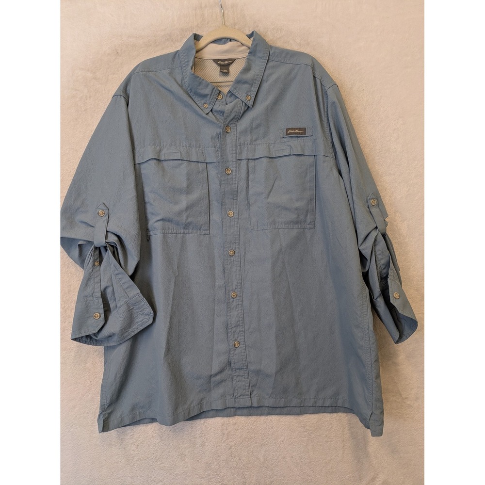 Eddie Bauer Fishing Shirt Men's 2XL Blue Ventilated Roll-Tab Sleeve Utility